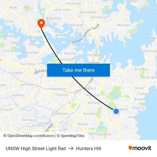 UNSW High Street Light Rail to Hunters Hill map