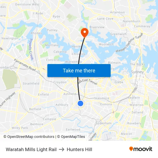 Waratah Mills Light Rail to Hunters Hill map