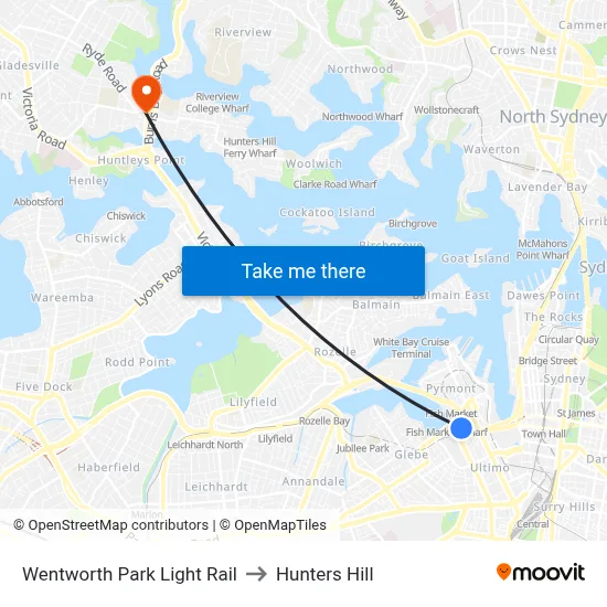 Wentworth Park Light Rail to Hunters Hill map