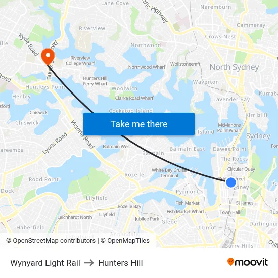 Wynyard Light Rail to Hunters Hill map