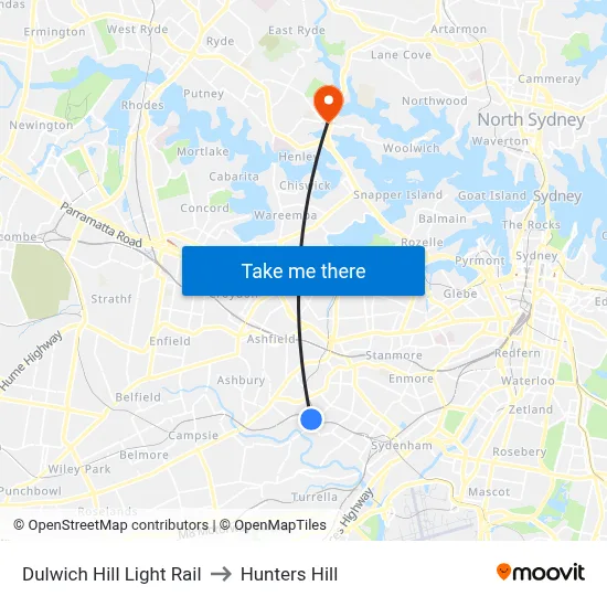 Dulwich Hill Light Rail to Hunters Hill map