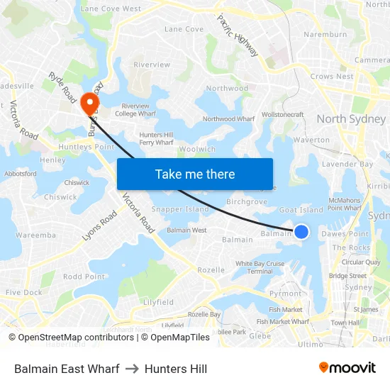 Balmain East Wharf to Hunters Hill map