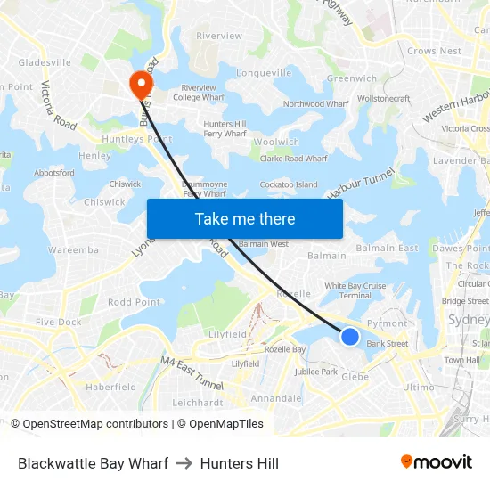 Blackwattle Bay Wharf to Hunters Hill map