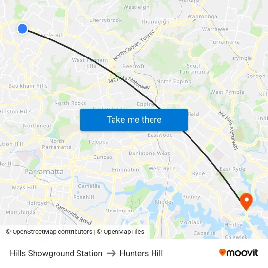 Hills Showground Station to Hunters Hill map