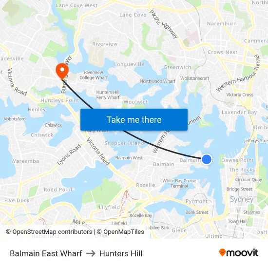 Balmain East Wharf to Hunters Hill map