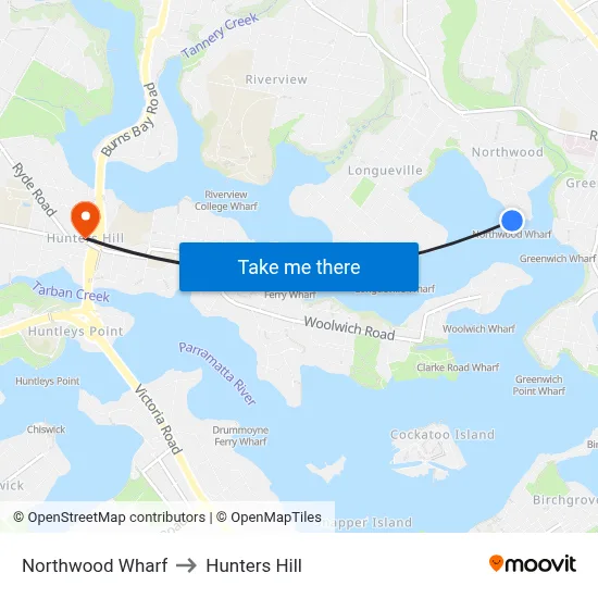 Northwood Wharf to Hunters Hill map