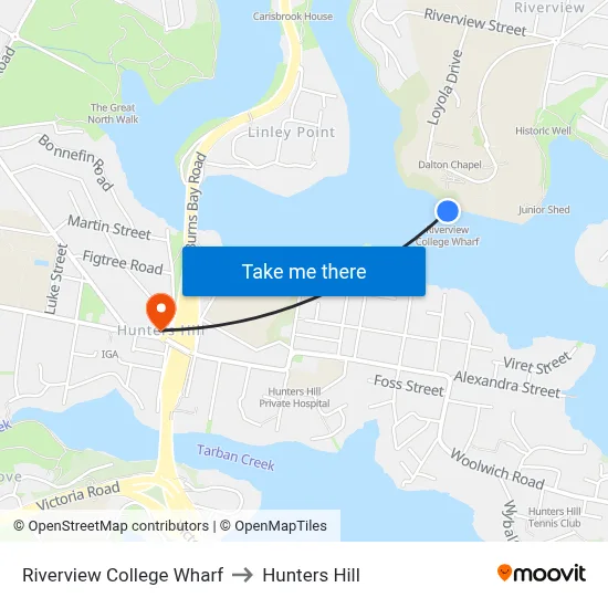 Riverview College Wharf to Hunters Hill map