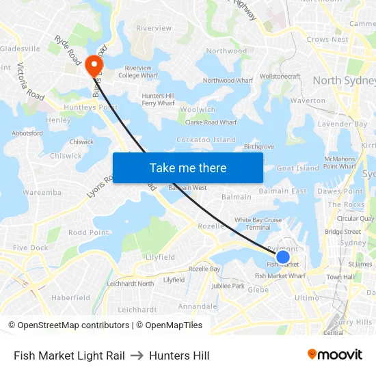 Bank Street Light Rail to Hunters Hill map