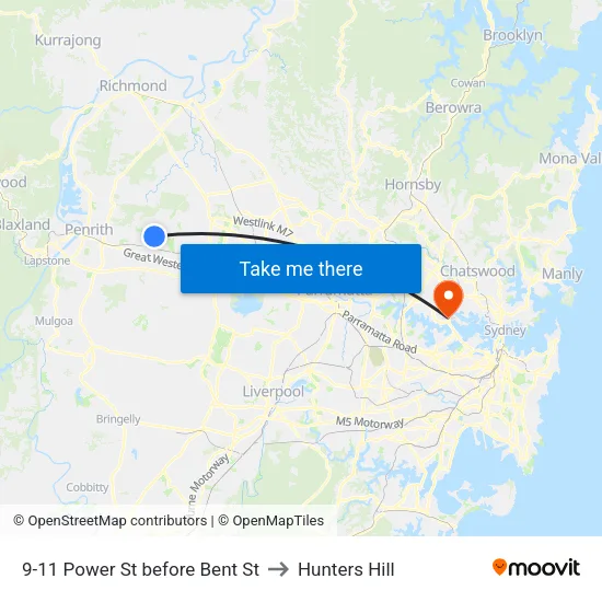 9-11 Power St before Bent St to Hunters Hill map