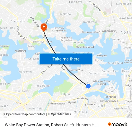 White Bay Power Station, Robert St to Hunters Hill map
