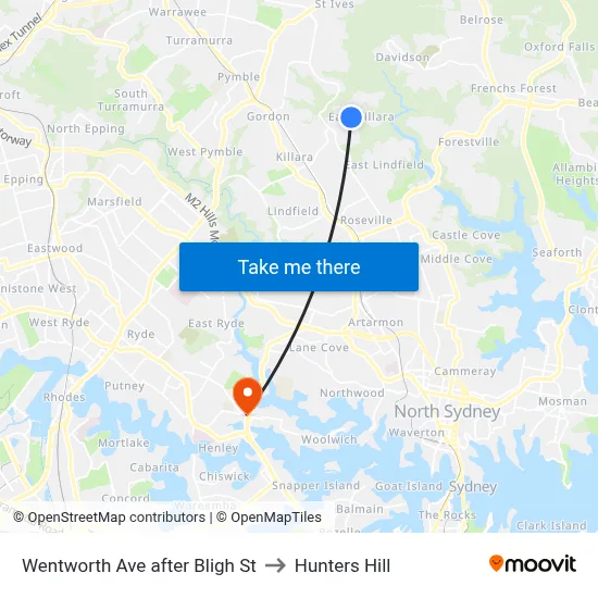 Wentworth Ave after Bligh St to Hunters Hill map