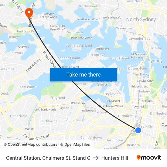 Central Station, Chalmers St, Stand G to Hunters Hill map
