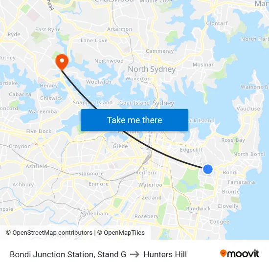 Bondi Junction Station, Stand G to Hunters Hill map