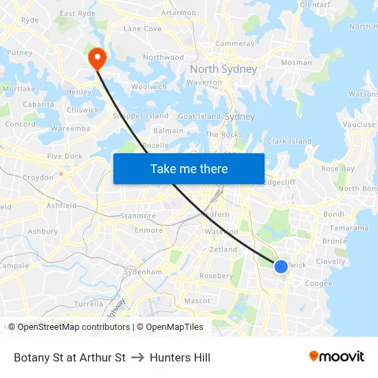 Botany St at Arthur St to Hunters Hill map