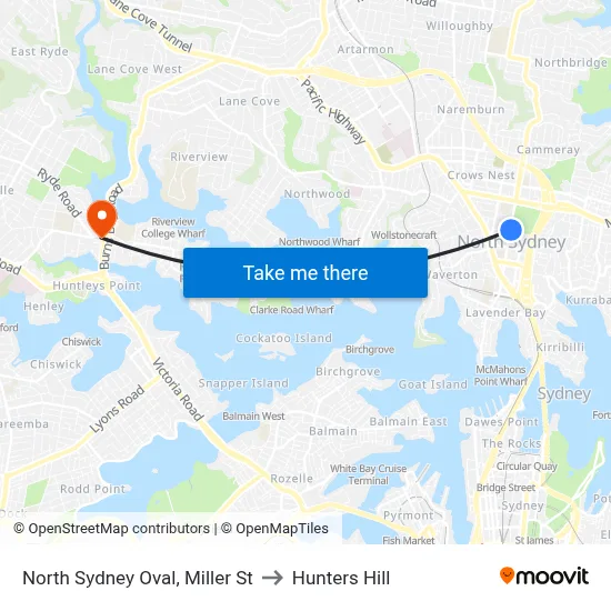 North Sydney Oval, Miller St to Hunters Hill map