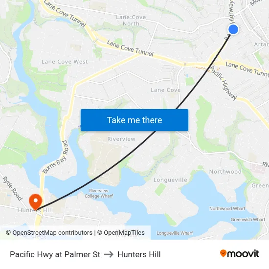 Pacific Hwy at Palmer St to Hunters Hill map