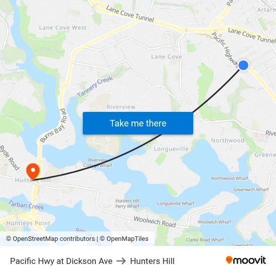 Pacific Hwy at Dickson Ave to Hunters Hill map