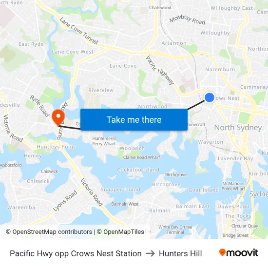 Pacific Hwy opp Crows Nest Station to Hunters Hill map