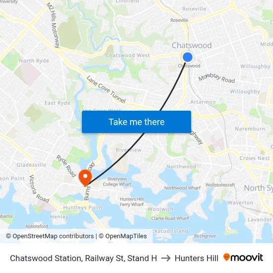Chatswood Station, Railway St, Stand H to Hunters Hill map