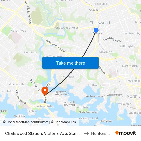 Chatswood Station, Victoria Ave, Stand F to Hunters Hill map