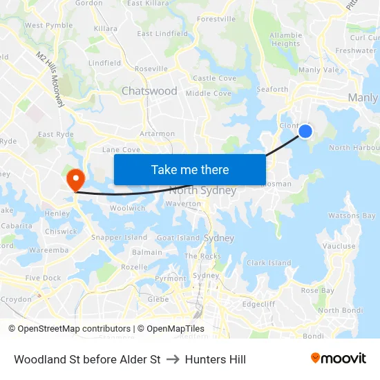 Woodland St before Alder St to Hunters Hill map
