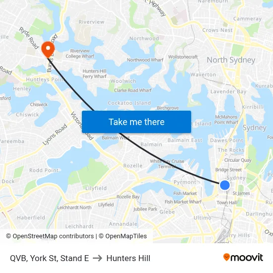 QVB, York St, Stand E to Hunters Hill map