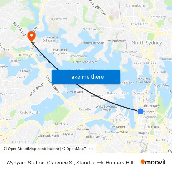 Wynyard Station, Clarence St, Stand R to Hunters Hill map