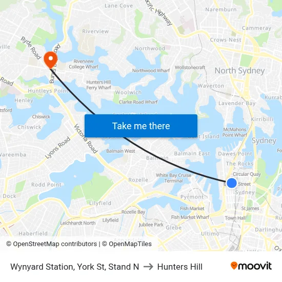 Wynyard Station, York St, Stand N to Hunters Hill map
