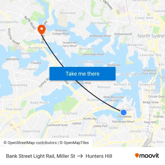 Bank Street Light Rail, Miller St to Hunters Hill map