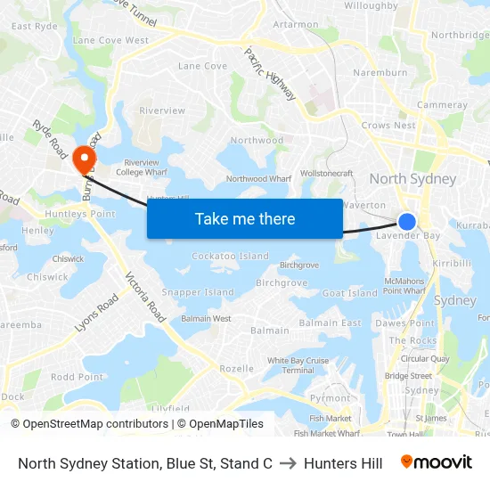 North Sydney Station, Blue St, Stand C to Hunters Hill map