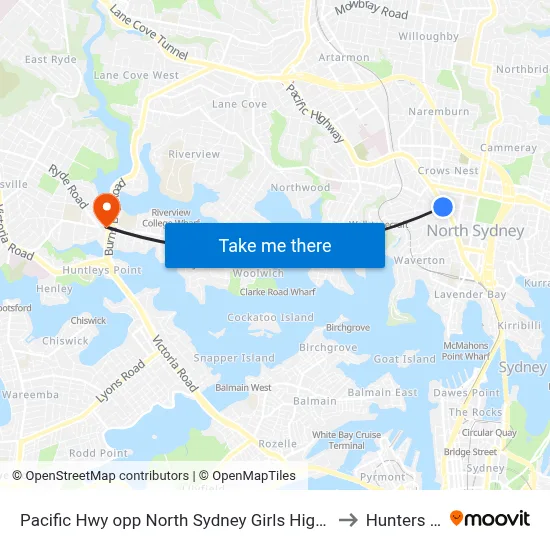 Pacific Hwy opp North Sydney Girls High School to Hunters Hill map