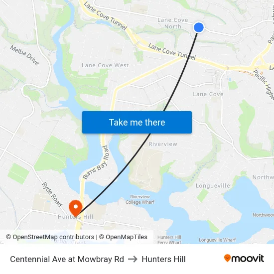 Centennial Ave at Mowbray Rd to Hunters Hill map