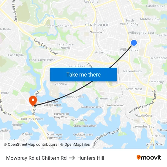 Mowbray Rd at Chiltern Rd to Hunters Hill map
