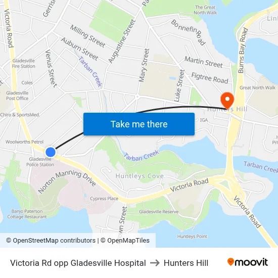 Victoria Rd opp Gladesville Hospital to Hunters Hill map