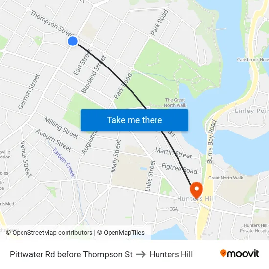 Pittwater Rd before Thompson St to Hunters Hill map