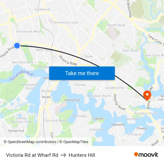 Victoria Rd at Wharf Rd to Hunters Hill map