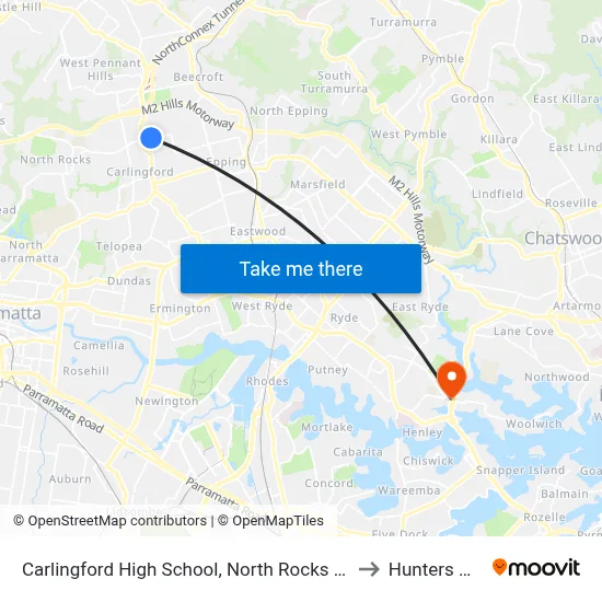 Carlingford High School, North Rocks Rd to Hunters Hill map