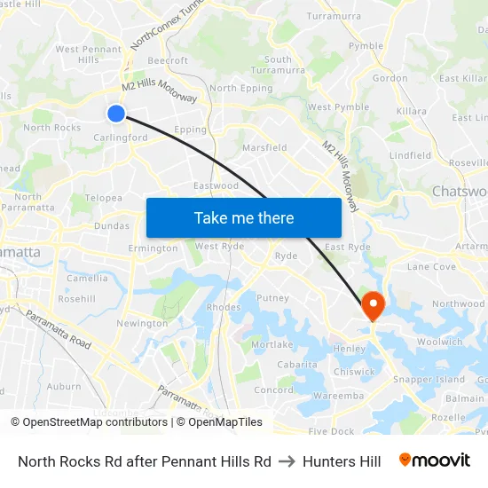 North Rocks Rd after Pennant Hills Rd to Hunters Hill map