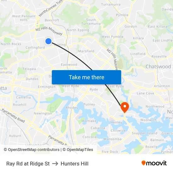 Ray Rd at Ridge St to Hunters Hill map
