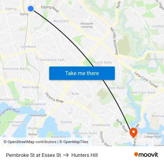 Pembroke St at Essex St to Hunters Hill map