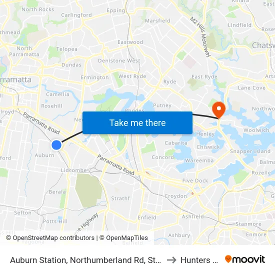 Auburn Station, Northumberland Rd, Stand C to Hunters Hill map