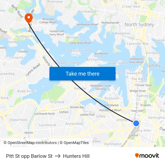 Pitt St opp Barlow St to Hunters Hill map