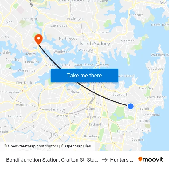 Bondi Junction Station, Grafton St, Stand R to Hunters Hill map
