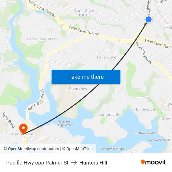 Pacific Hwy opp Palmer St to Hunters Hill map