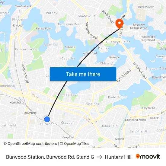 Burwood Station, Burwood Rd, Stand G to Hunters Hill map