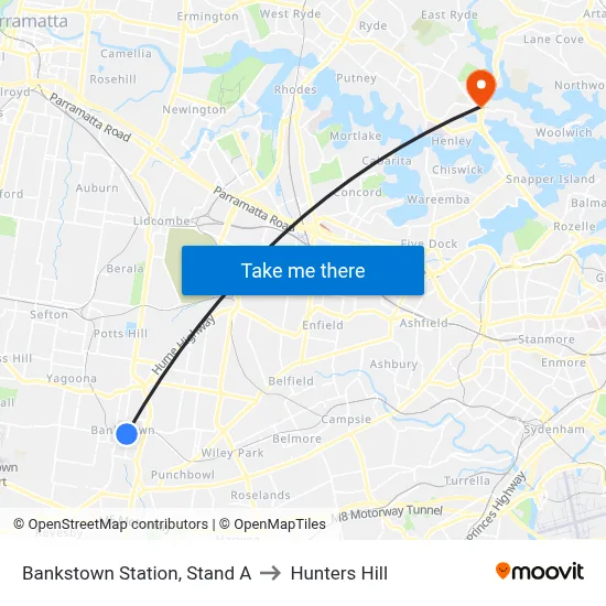 Bankstown Station, Stand A to Hunters Hill map