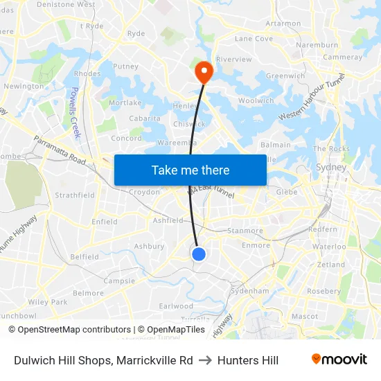 Dulwich Hill Shops, Marrickville Rd to Hunters Hill map