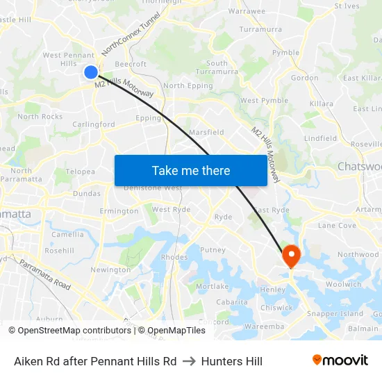 Aiken Rd after Pennant Hills Rd to Hunters Hill map