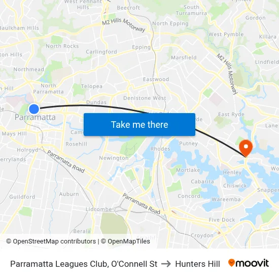 Parramatta Leagues Club, O'Connell St to Hunters Hill map