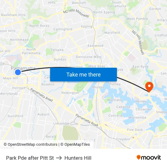 Park Pde after Pitt St to Hunters Hill map